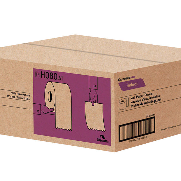 Paper Hand Towel - 7.9" (120 cm)  Width - Roll of 800' (243.4 m) - Box of 6 Rolls - White - Cascades Pro H080