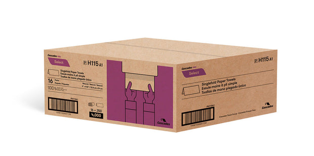 Paper Hand Towel - Singlefold - 9" x 9.45" (22.9 cm x 24 cm) - Box of 16 Packs of 250 Sheets - Brown - Cascades Pro H115