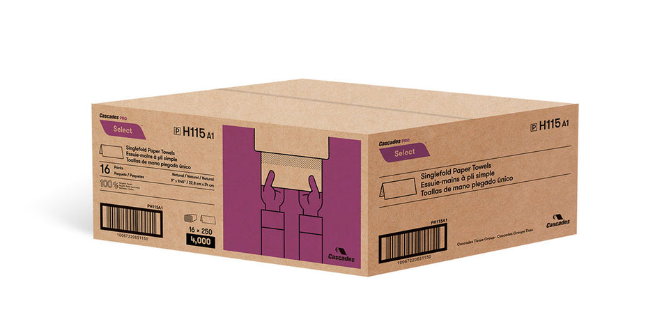 Paper Hand Towel - Singlefold - 9" x 9.45" (22.9 cm x 24 cm) - Box of 16 Packs of 250 Sheets - Brown - Cascades Pro H115