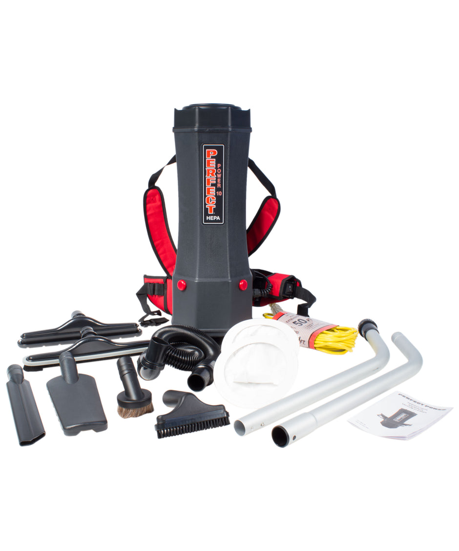Back Pack Vacuum - 2.4gal (10 L) Tank Capacity - HEPA Filtration - with Accessories - Integrated Electric Outlet - Perfect  P1001