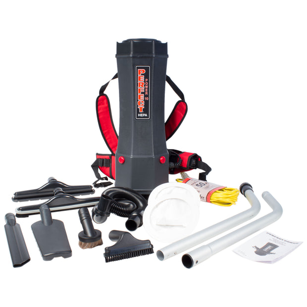 Back Pack Vacuum - 2.4gal (10 L) Tank Capacity - HEPA Filtration - with Accessories - Integrated Electric Outlet - Perfect  P1001