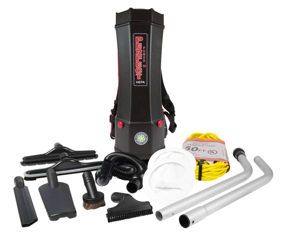 Backpack Vacuum - 2.64 gal (10 L) Tank Capacity - HEPA Filtration - with Accessories - Integrated Electric Outlet
