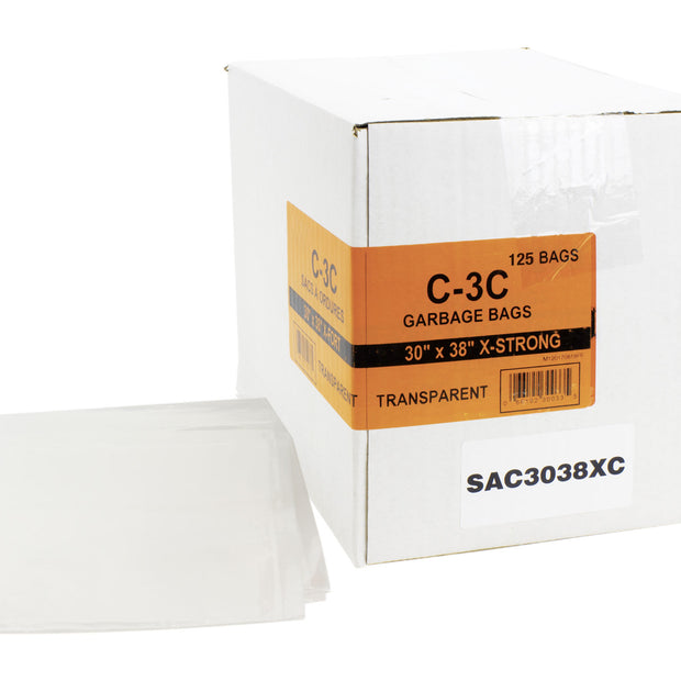 Commercial Garbage / Trash Bags - Extra Strong - 30" x 38" (76.2 cm x 96.5 cm) - Clear - Box of 125