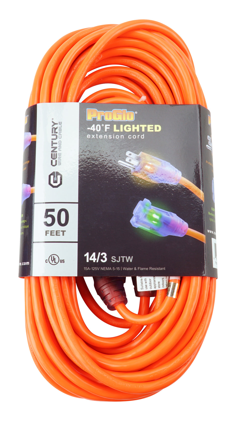 50' Extension Cord with Lighted Ends, 3-Wire Grounded, 14/3 SJTW, -40 C (-40 F) Cold Weather Jacket, Water & Flame Resistant, 15 A, 125 V, Orange
