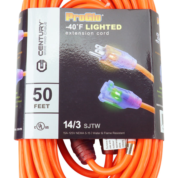 50' Extension Cord with Lighted Ends, 3-Wire Grounded, 14/3 SJTW, -40 C (-40 F) Cold Weather Jacket, Water & Flame Resistant, 15 A, 125 V, Orange