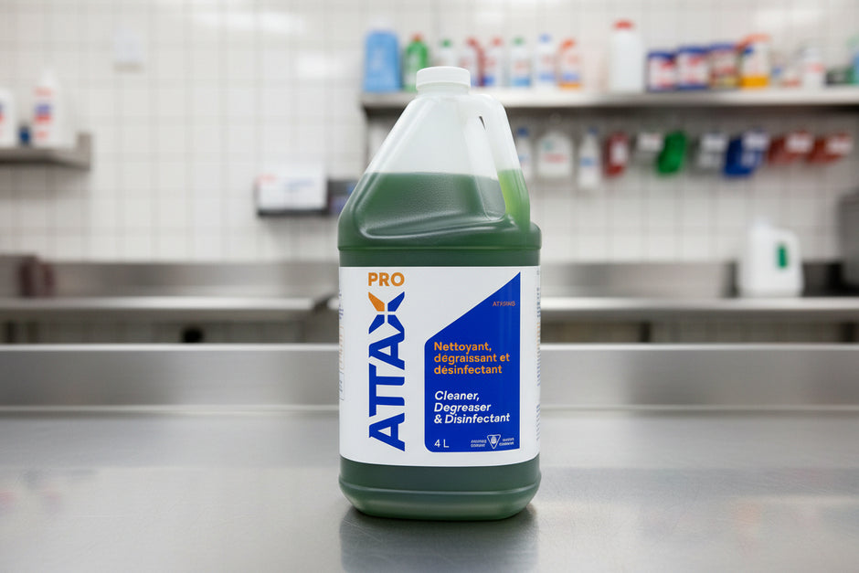 4L of ATTAX PRO cleaner and degreaser on a stainless steel countertop